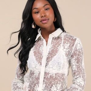 Lulus Exquisite Nature Cream Sheer Embroidered Button-up Top White - Size XL